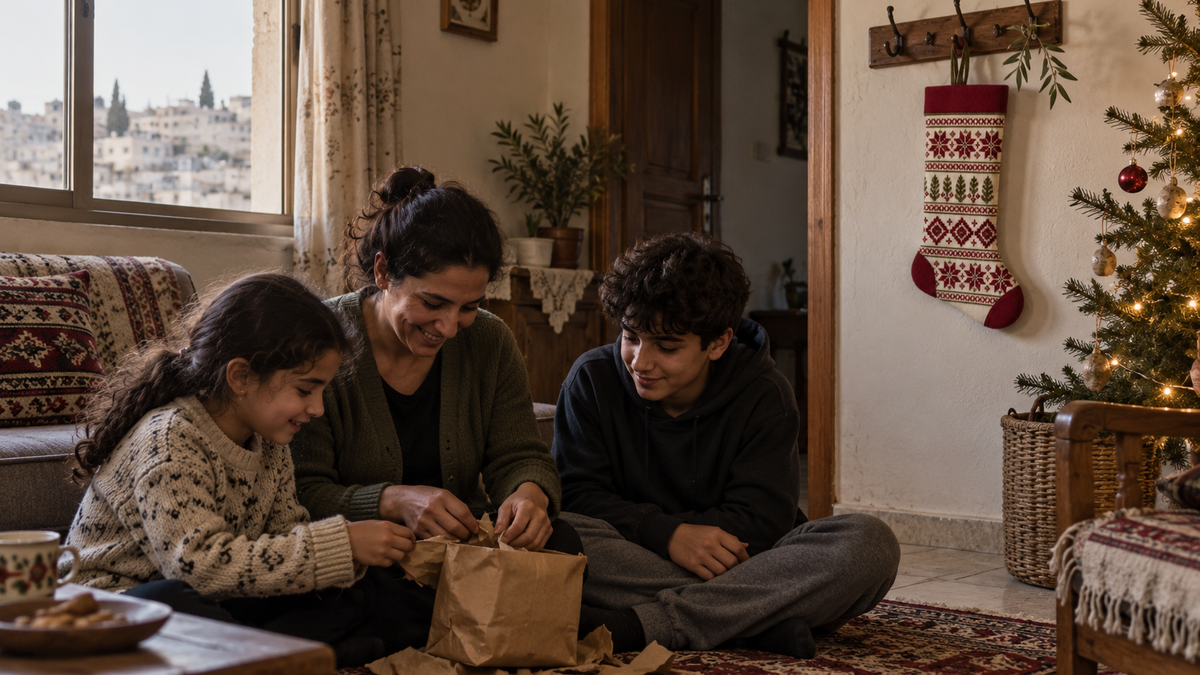 Family opening a parcel beside a tatreez Christmas stocking