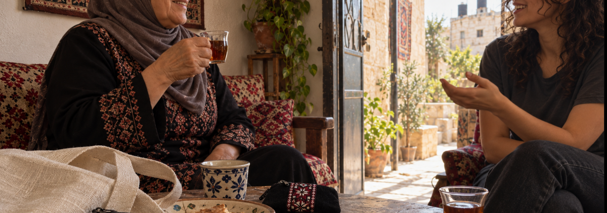 Tea-time conversation with a velvet tatreez coin purse on the table