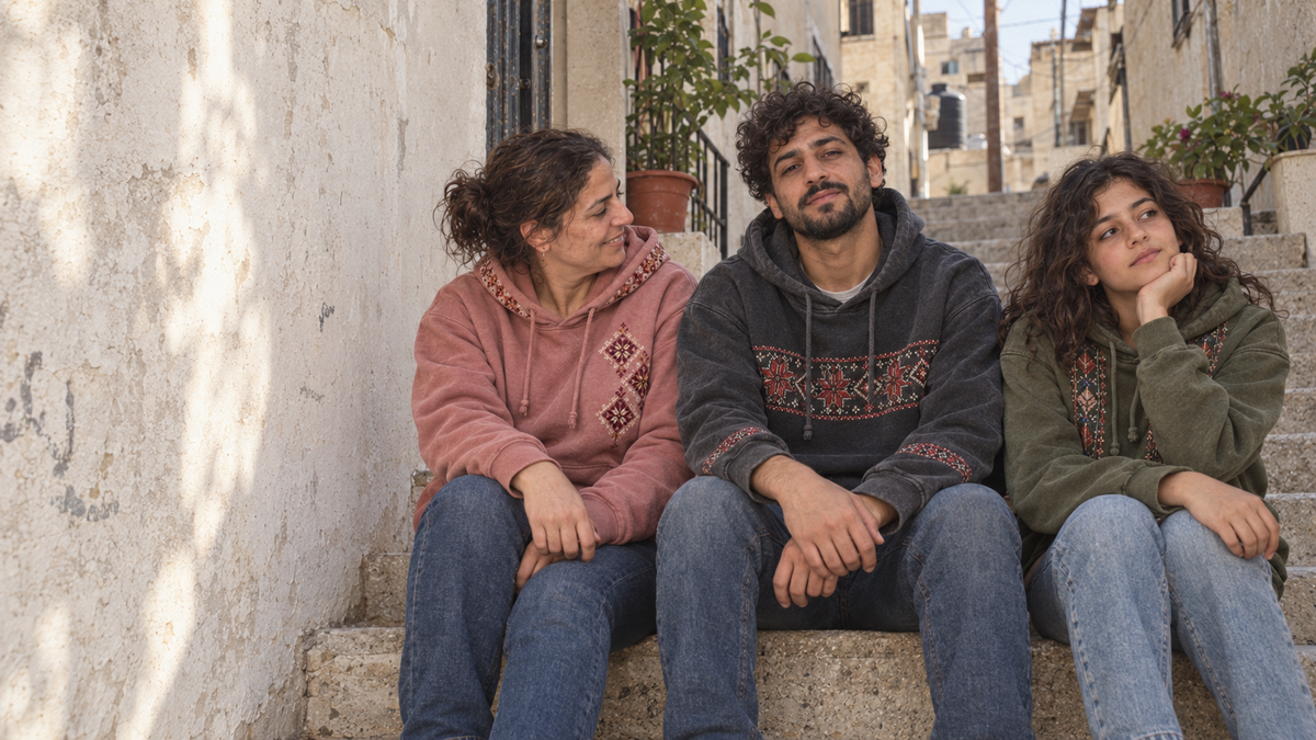 Neighbours wearing embroidered hoodies on stone steps