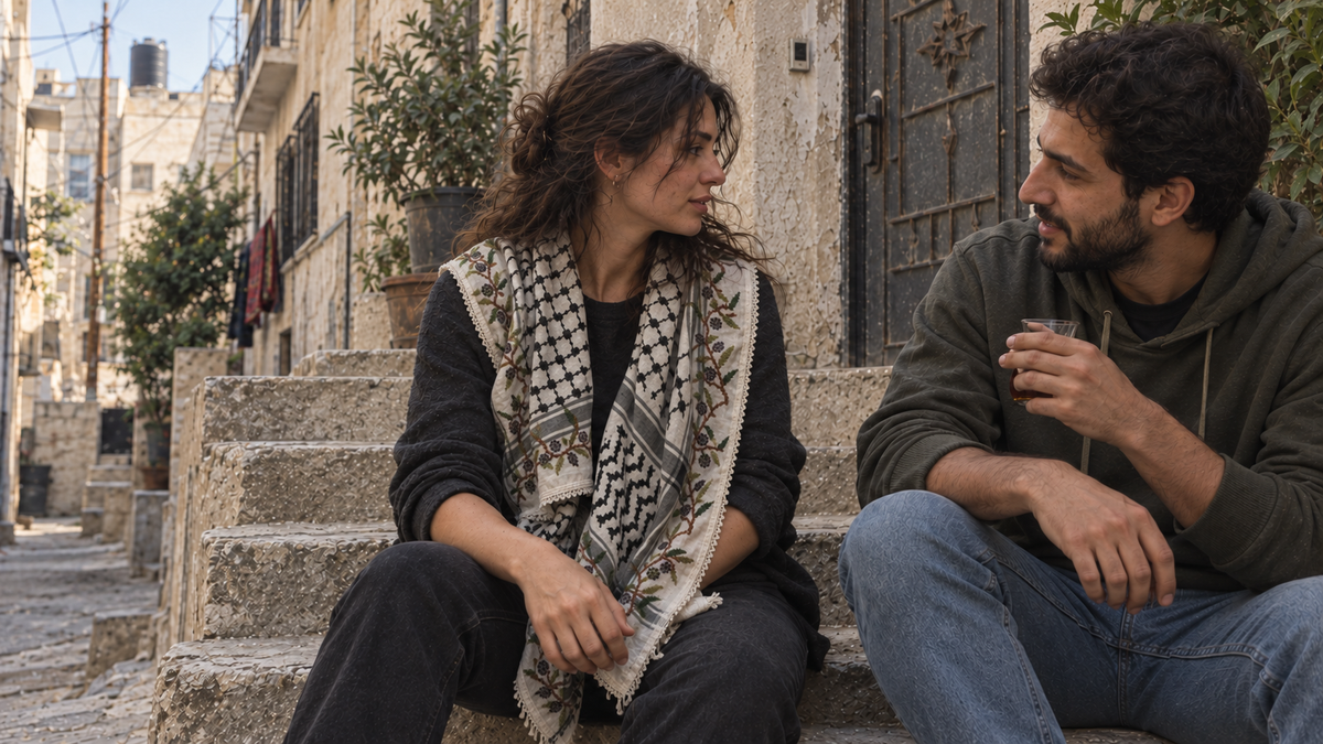 Olive-border keffiyeh worn while sharing tea