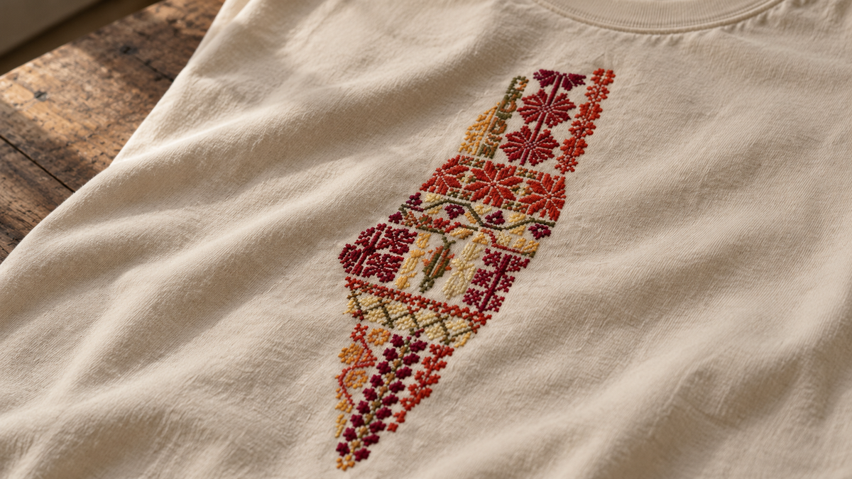 Tatreez Palestine map embroidered on cream cotton