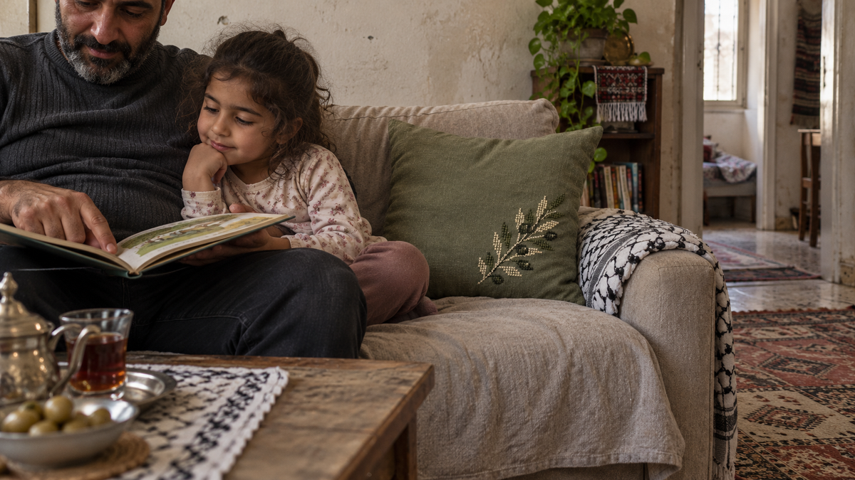 Olive embroidered cushion beside a family reading together