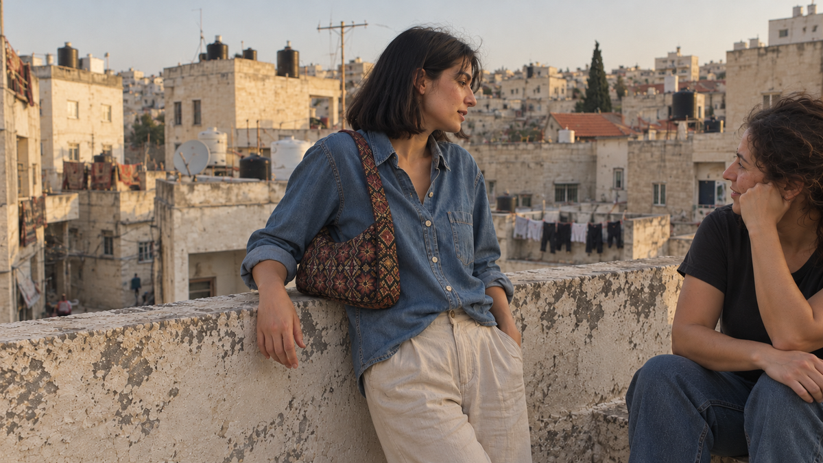 Floral tatreez shoulder bag worn during a rooftop conversation