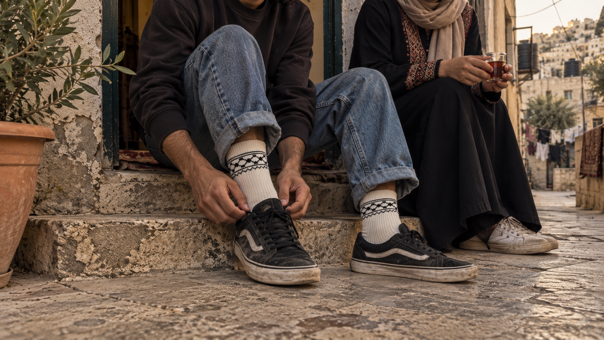 Cream keffiyeh-pattern socks worn on the doorstep