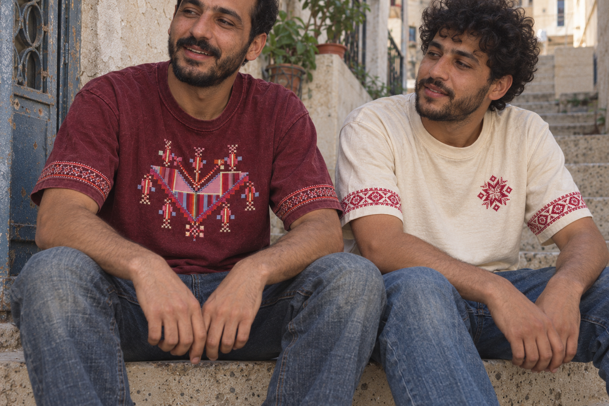 Embroidered T-shirts worn during a conversation on the steps