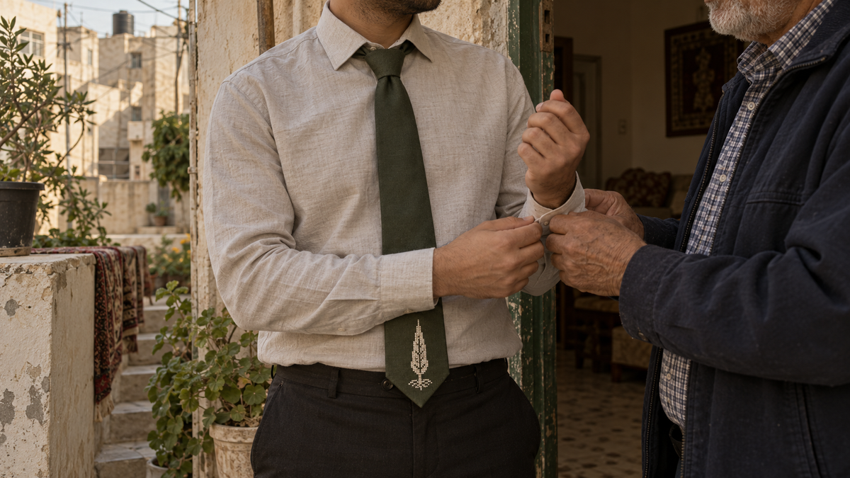 Olive cypress tatreez tie worn while getting ready