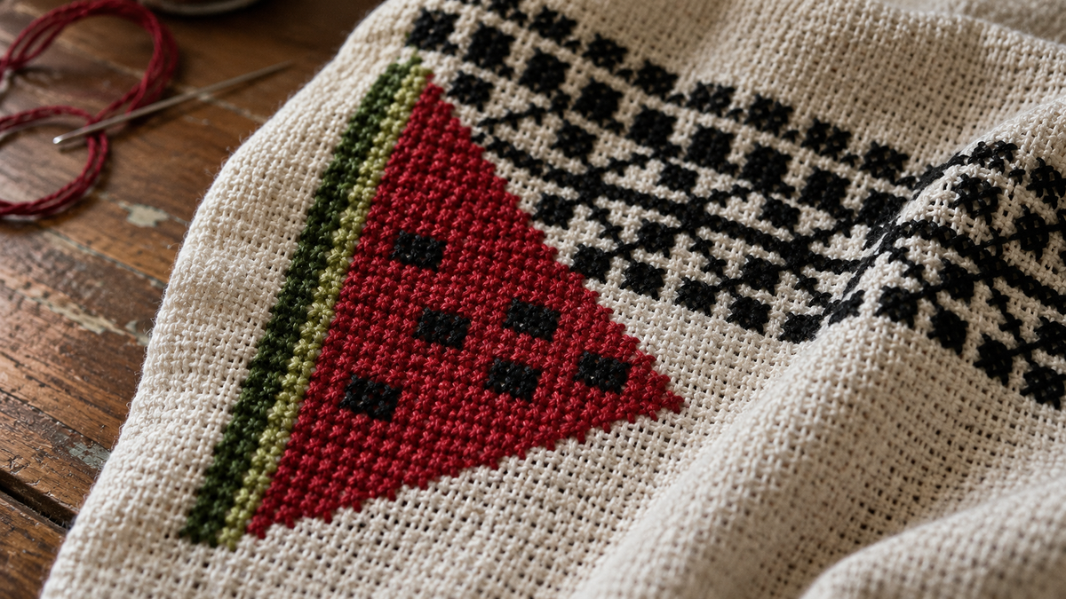 Close detail of watermelon tatreez stitching