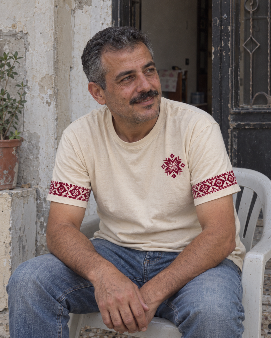 Man seated outside a doorway wearing the cream tatreez star and sleeve T-shirt with blue jeans.