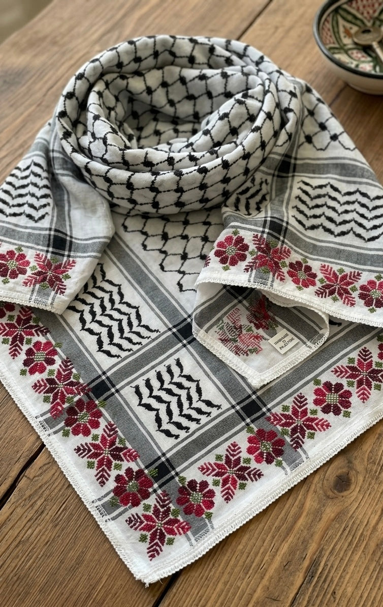 Palestinian Keffiyeh with Tatreez Border
