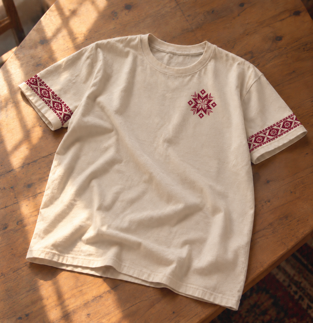 Cream tatreez T-shirt with a burgundy chest star and embroidered sleeve borders, laid flat on a wooden table.