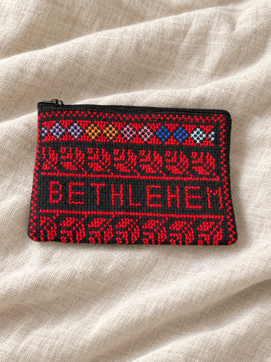 Bethlehem Tatreez Coin Purse - Red and Black - styled product view