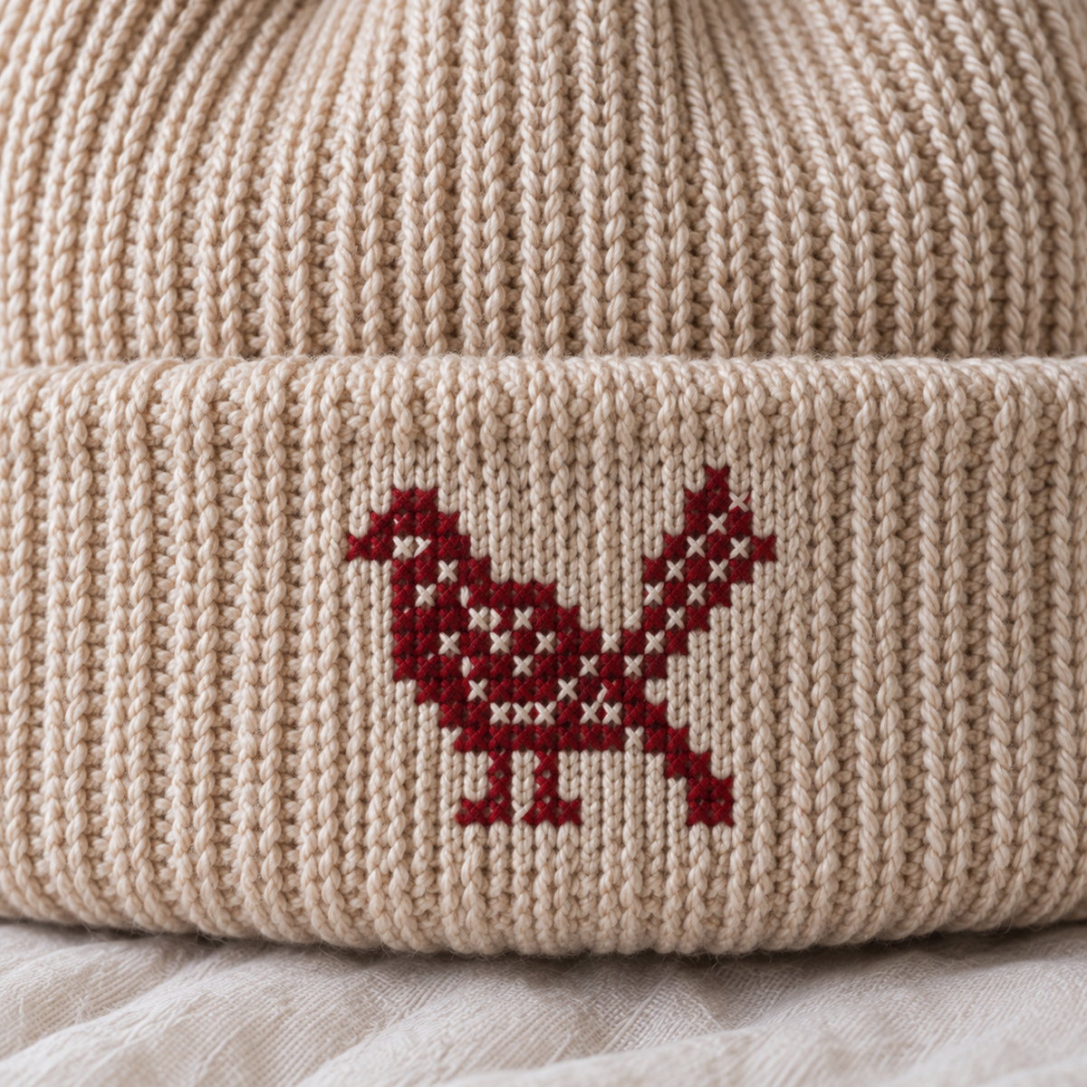 Bird Tatreez Beanie - Oatmeal - close-up of Palestinian tatreez stitching