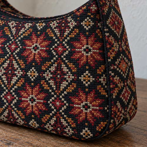 Black All-Over Tatreez Shoulder Bag - detail view