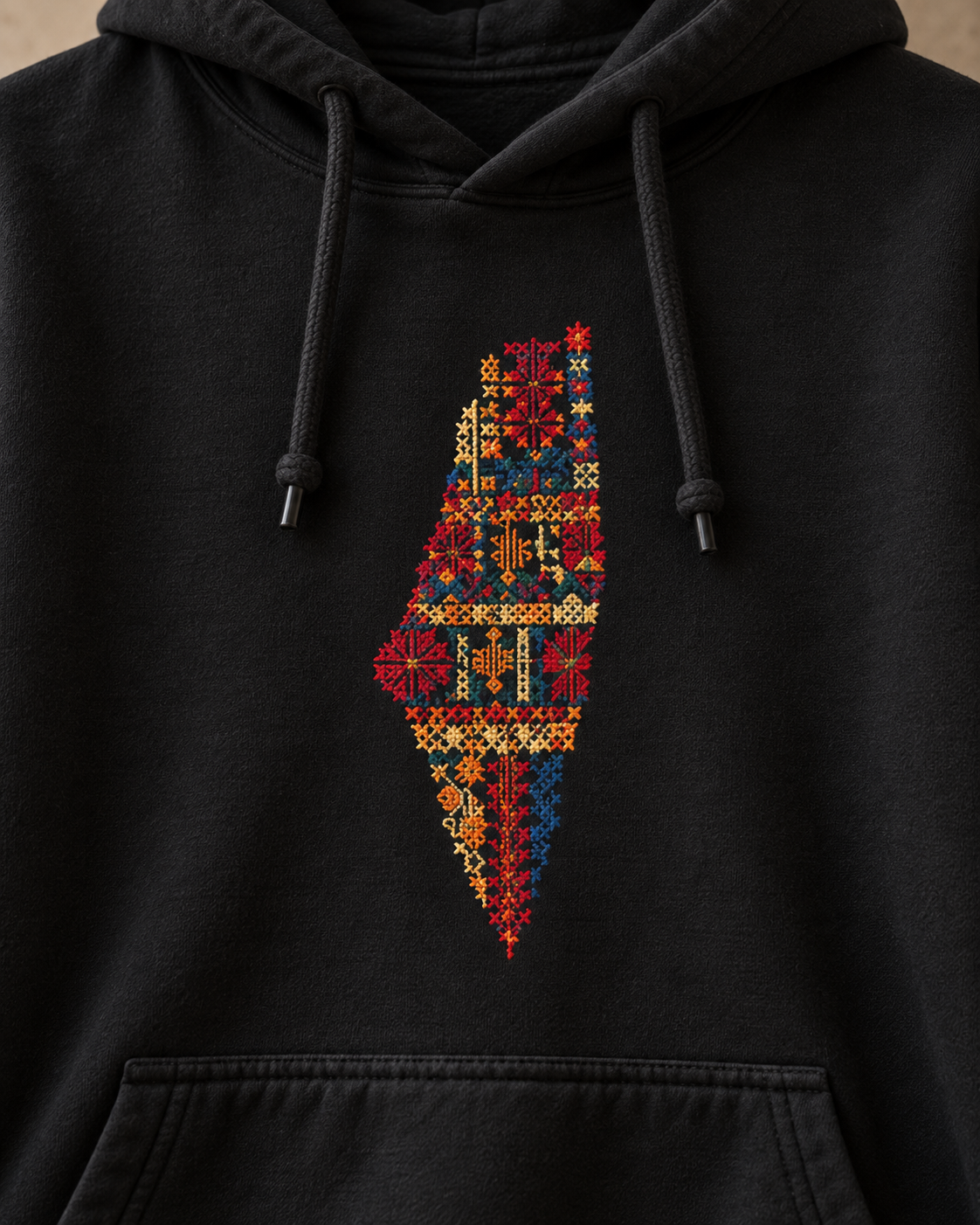 Black Palestine motifs tatreez map hoodie - detail view