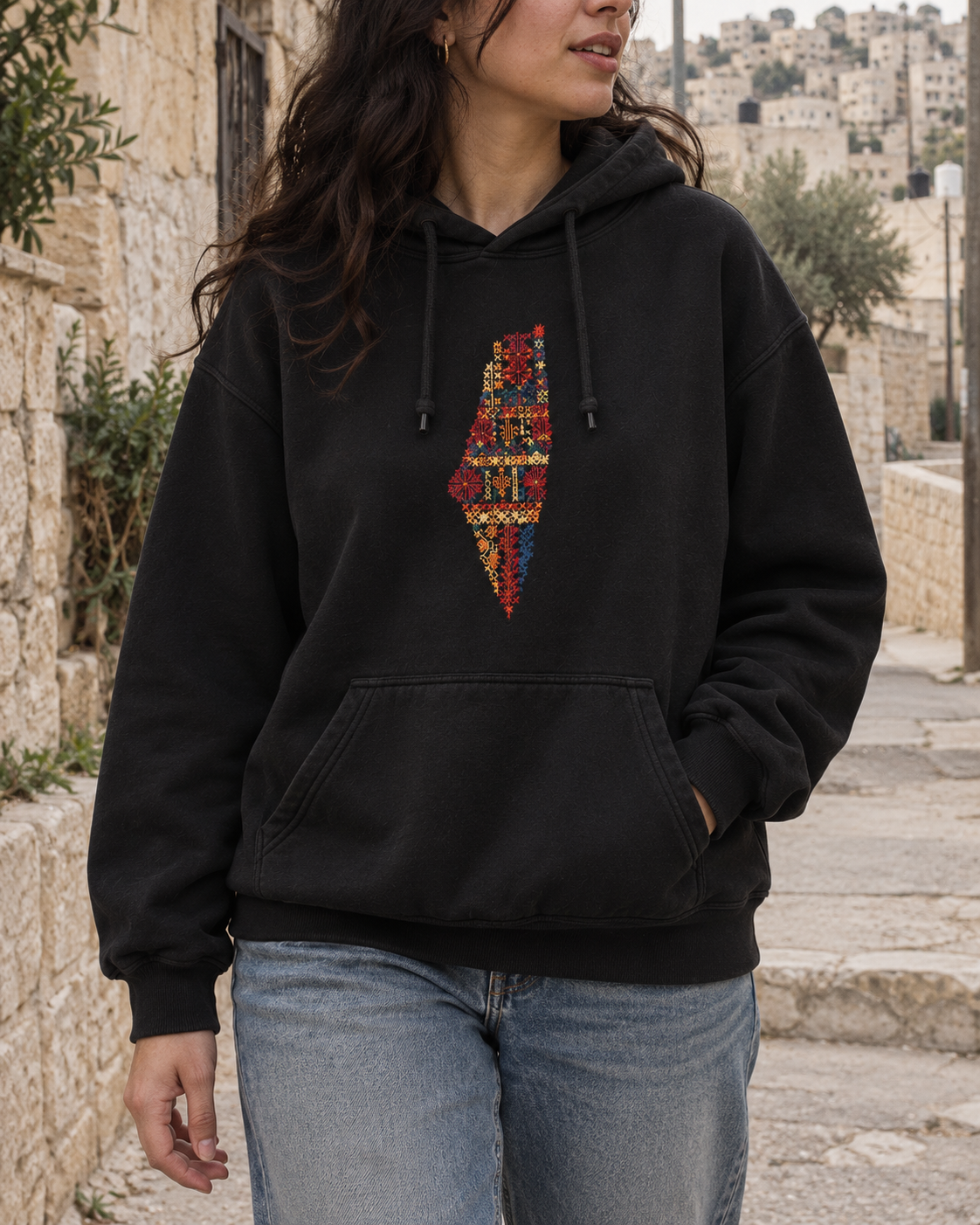 Black Palestine motifs tatreez map hoodie - model view
