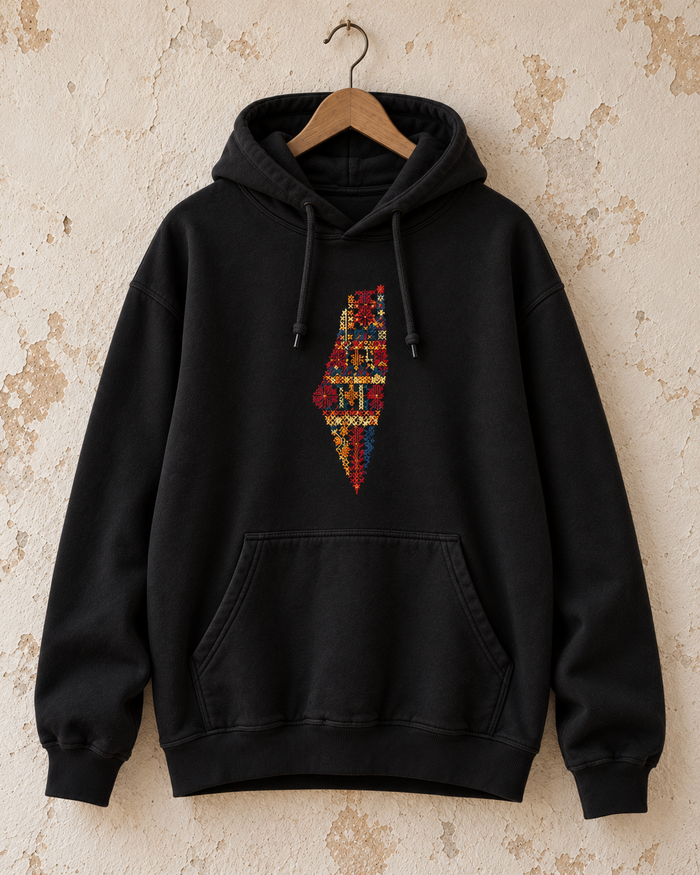 Black Palestine motifs tatreez map hoodie - product view