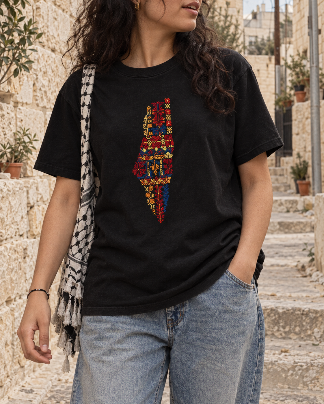 Black Palestine motifs tatreez map T-shirt - model view