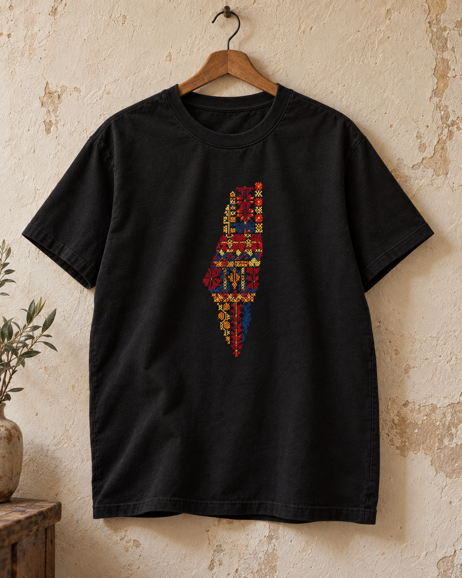 Black Palestine motifs tatreez map T-shirt - product view