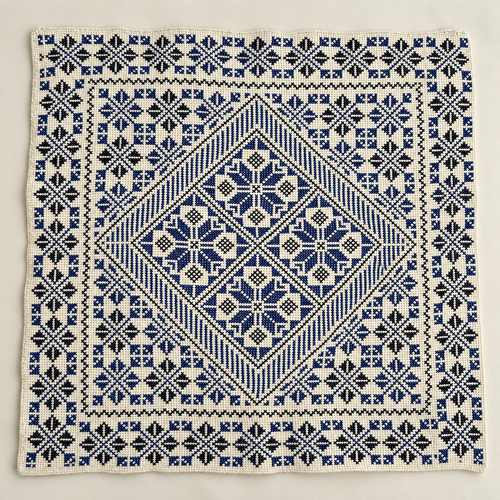 Blue floral diamond tatreez cushion cover laid flat showing the embroidered front