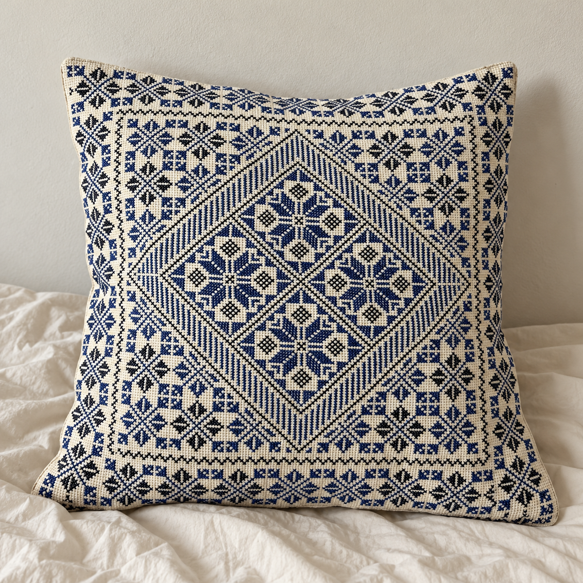 Blue floral diamond cushion cover styled on an insert against a neutral wall