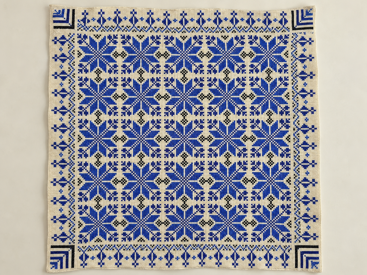 Blue Floral Tatreez Cushion Cover - Cream, embroidered front laid flat