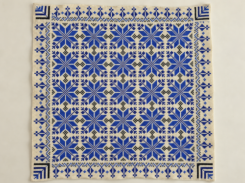 Blue Floral Tatreez Cushion Cover - Cream, embroidered front laid flat