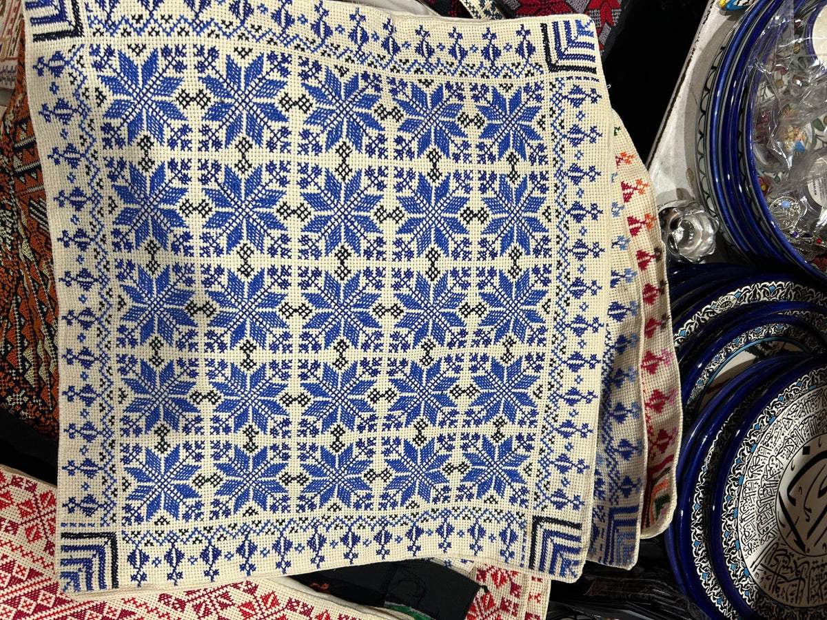 Blue Floral Tatreez Cushion Cover - Cream, original shop photograph