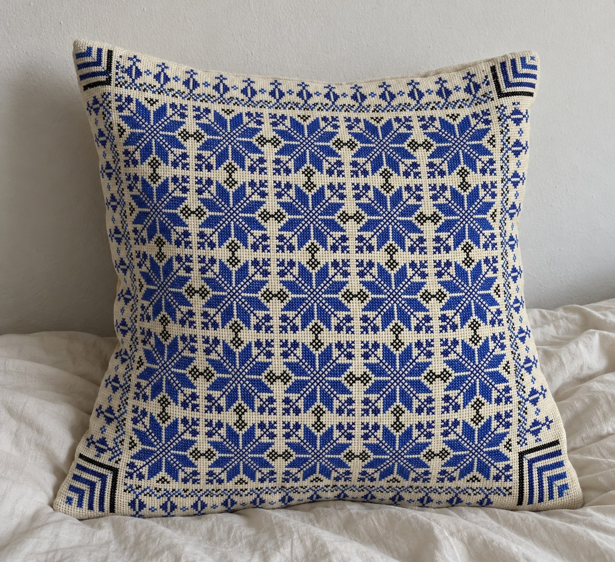 Blue Floral Tatreez Cushion Cover - Cream, styled on a cushion insert