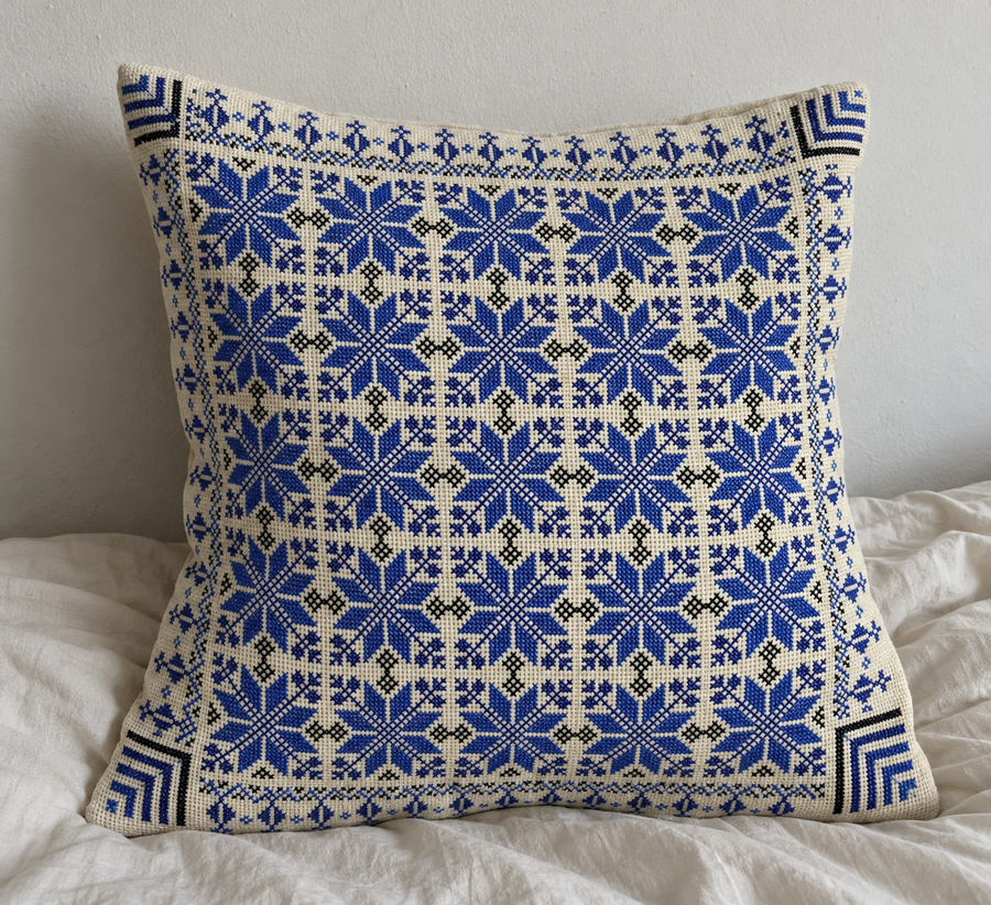 Blue Floral Tatreez Cushion Cover - Cream, styled on a cushion insert