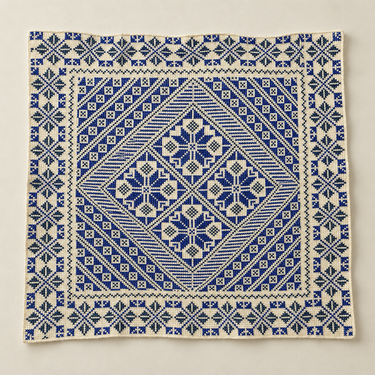 Blue Geometric Diamond Tatreez Cushion Cover - Cream, embroidered front laid flat