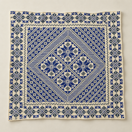 Blue Geometric Diamond Tatreez Cushion Cover - Cream, embroidered front laid flat
