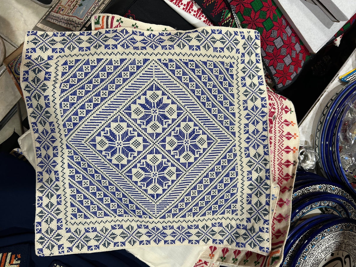 Blue Geometric Diamond Tatreez Cushion Cover - Cream, original shop photograph