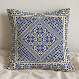 Blue Geometric Diamond Tatreez Cushion Cover - Cream