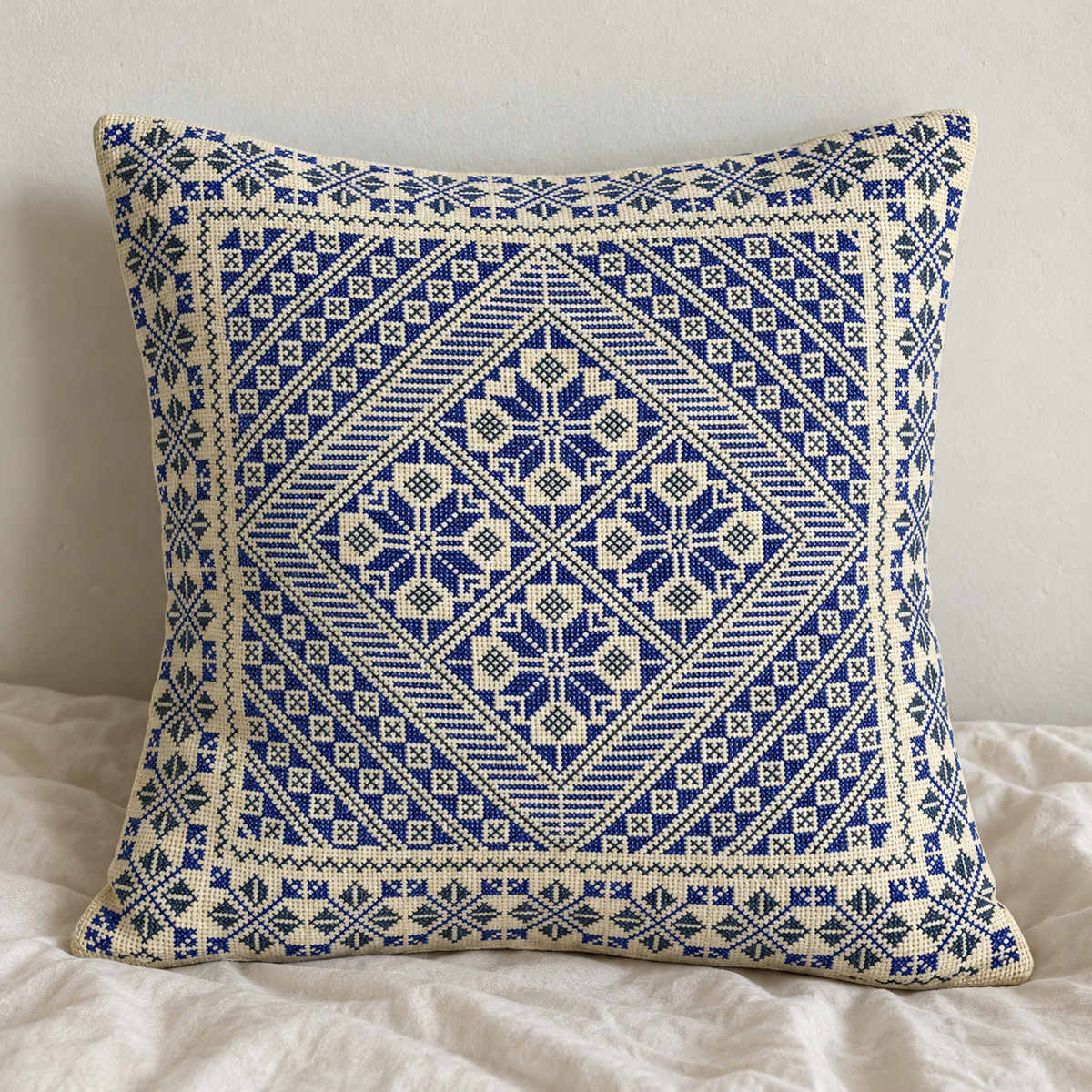 Blue Geometric Diamond Tatreez Cushion Cover - Cream, styled on a cushion insert