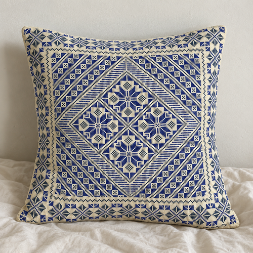 Blue Geometric Diamond Tatreez Cushion Cover - Cream, styled on a cushion insert