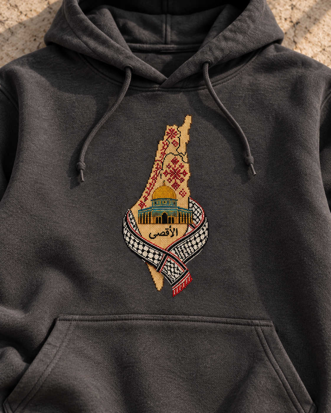 Al-Aqsa & Keffiyeh Map Tatreez Hoodie - Charcoal, detail