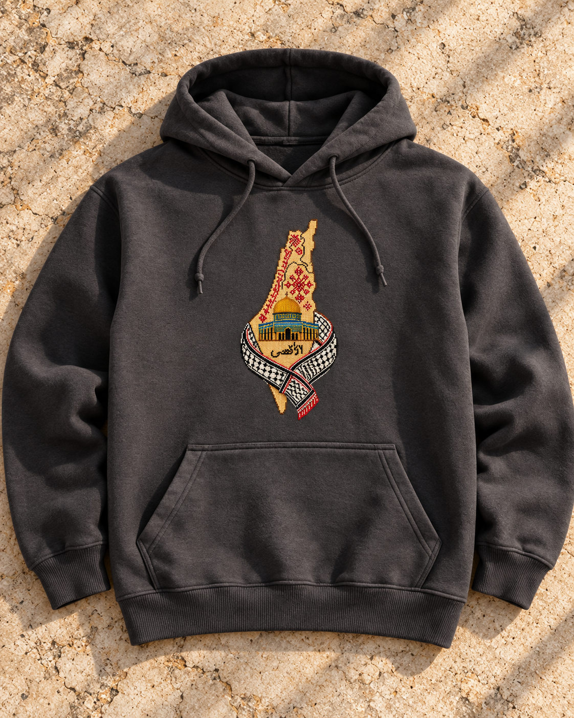 Al-Aqsa & Keffiyeh Map Tatreez Hoodie - Charcoal, flat lay