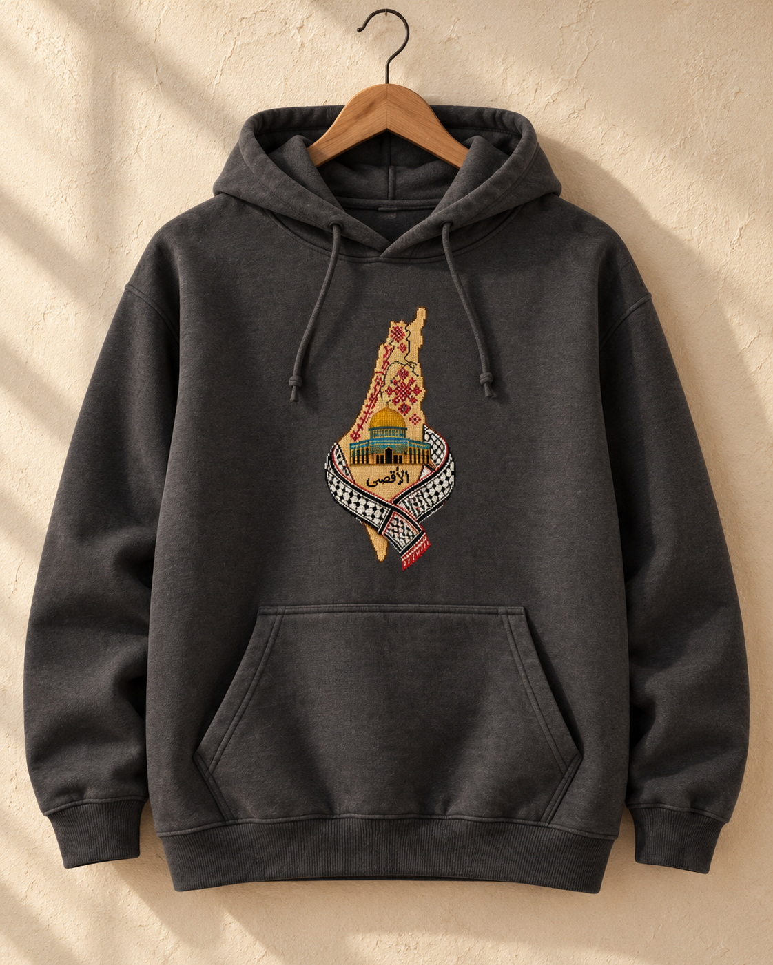 Al-Aqsa & Keffiyeh Map Tatreez Hoodie - Charcoal, main
