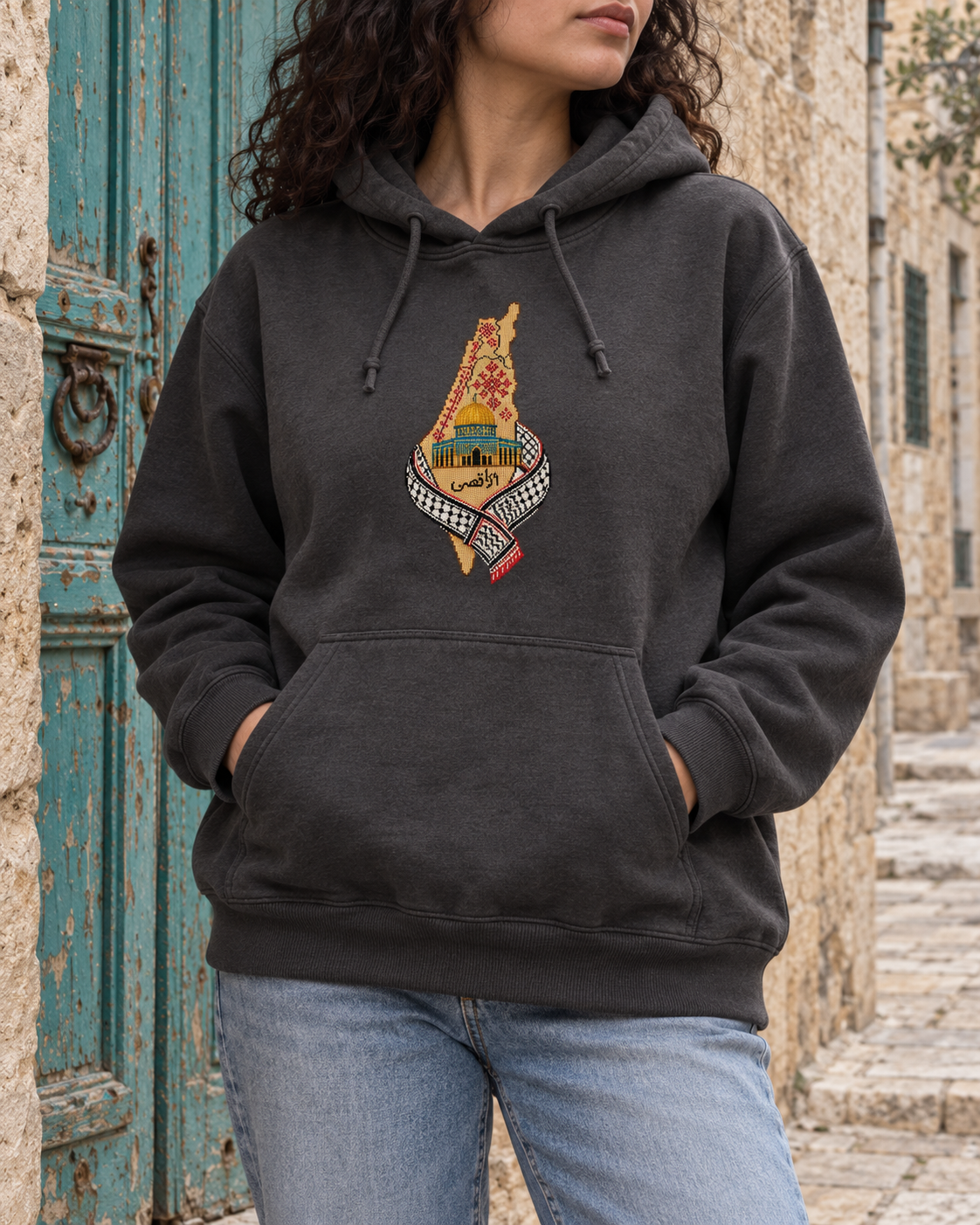 Al-Aqsa & Keffiyeh Map Tatreez Hoodie - Charcoal, model