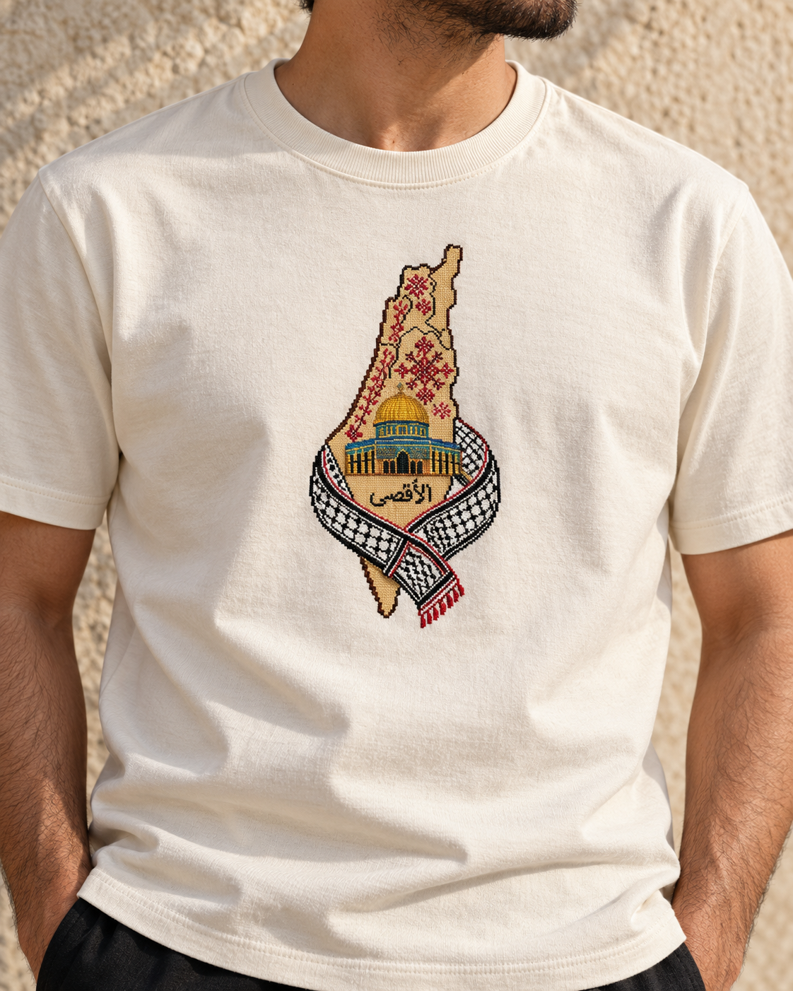 Al-Aqsa & Keffiyeh Map Tatreez T-Shirt - Cream, detail