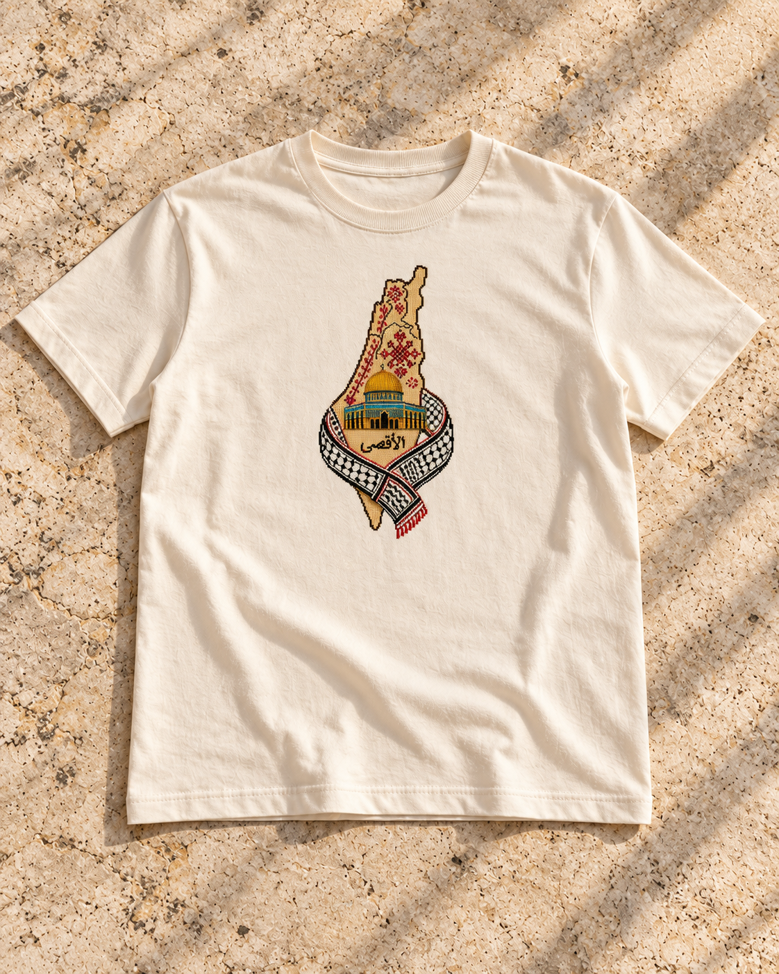Al-Aqsa & Keffiyeh Map Tatreez T-Shirt - Cream, flat lay