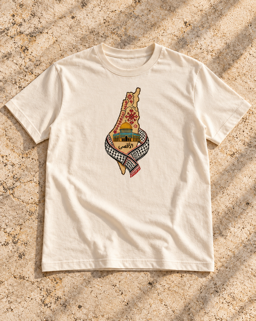 Al-Aqsa & Keffiyeh Map Tatreez T-Shirt - Cream, flat lay