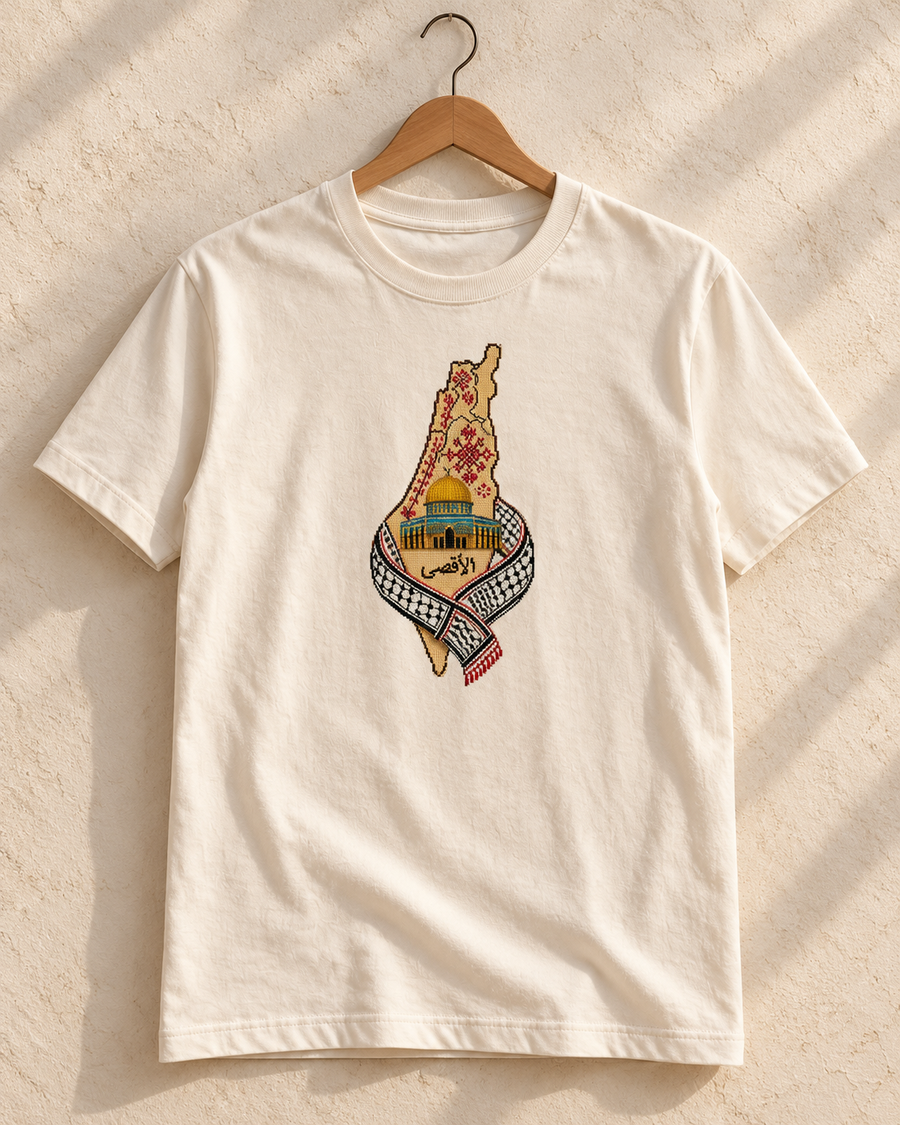 Al-Aqsa & Keffiyeh Map Tatreez T-Shirt - Cream, main