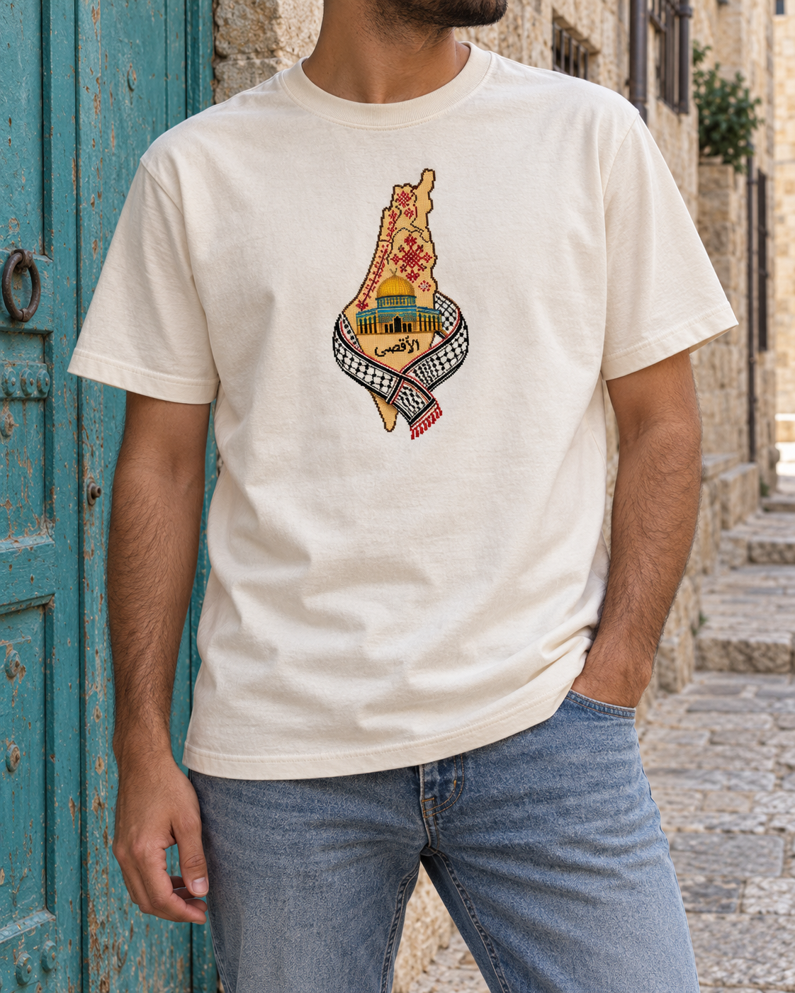 Al-Aqsa & Keffiyeh Map Tatreez T-Shirt - Cream, model