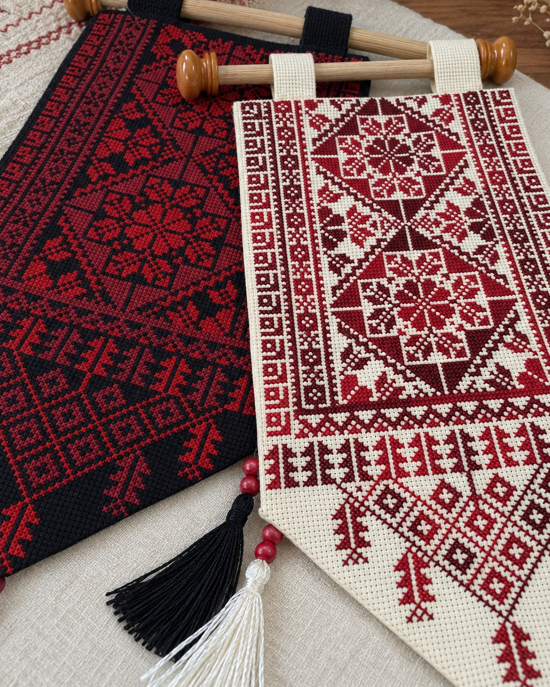Geometric Tatreez Wall Hanging - Black or White - embroidery close up