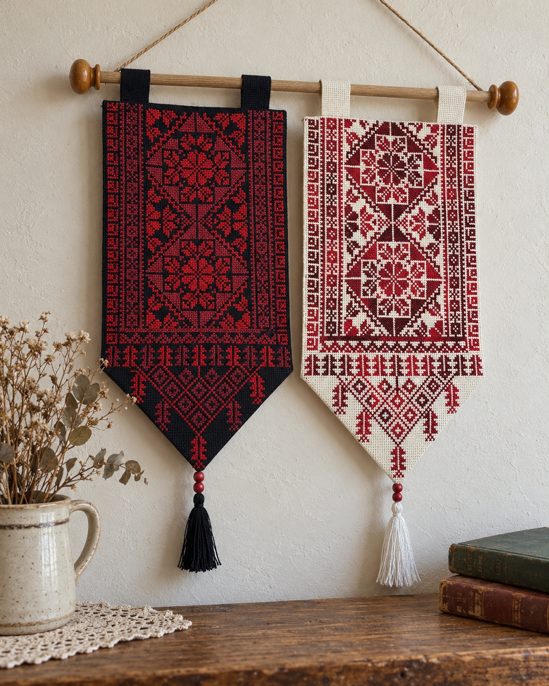 Geometric Tatreez Wall Hanging - Black or White - displayed at home