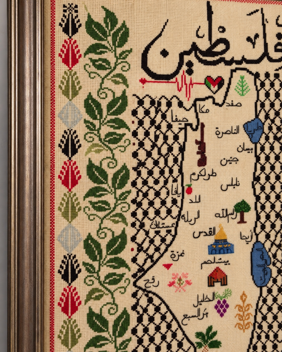 Palestine Map Tatreez Art - Olive Border - embroidery close up