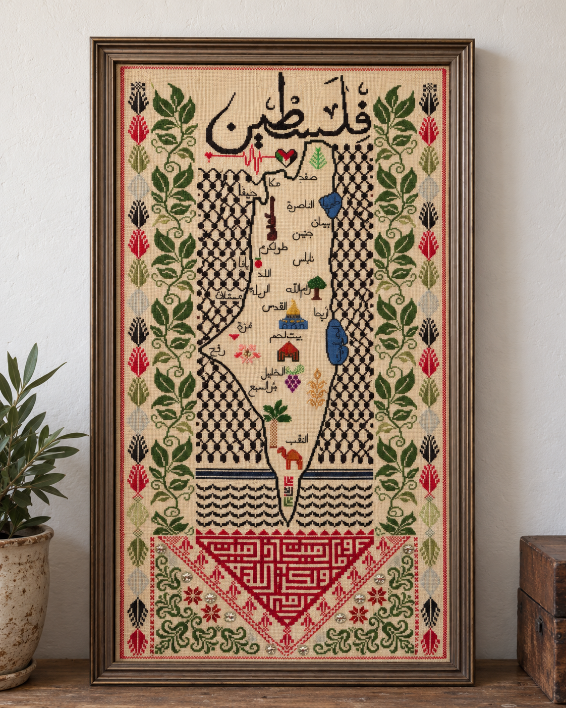 Palestine Map Tatreez Art - Olive Border - product view