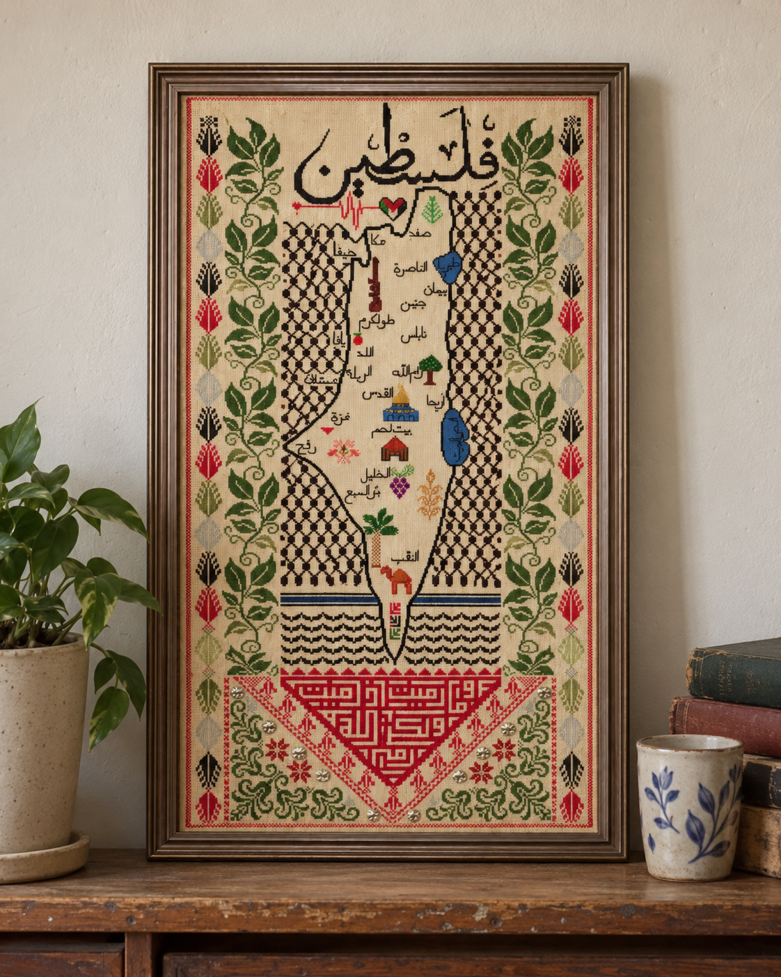 Palestine Map Tatreez Art - Olive Border - displayed at home