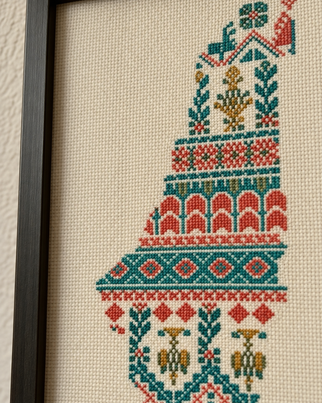 Palestine Map Tatreez Art - Teal and Coral - embroidery close up